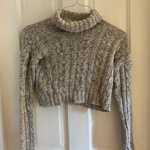 Cropped black and white turtleneck sweater.